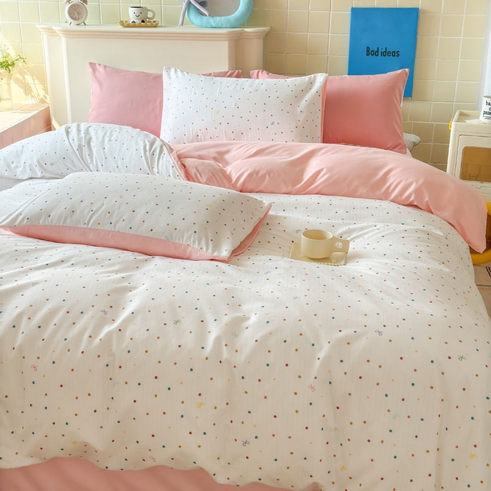 91家纺网 家纺一手货源 找家纺 可可家纺 2025新款亲肤有氧提花小竺棉四件套 彩色波点