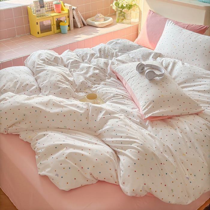 91家纺网 家纺一手货源 找家纺 可可家纺 2025新款亲肤有氧提花小竺棉四件套 彩色波点