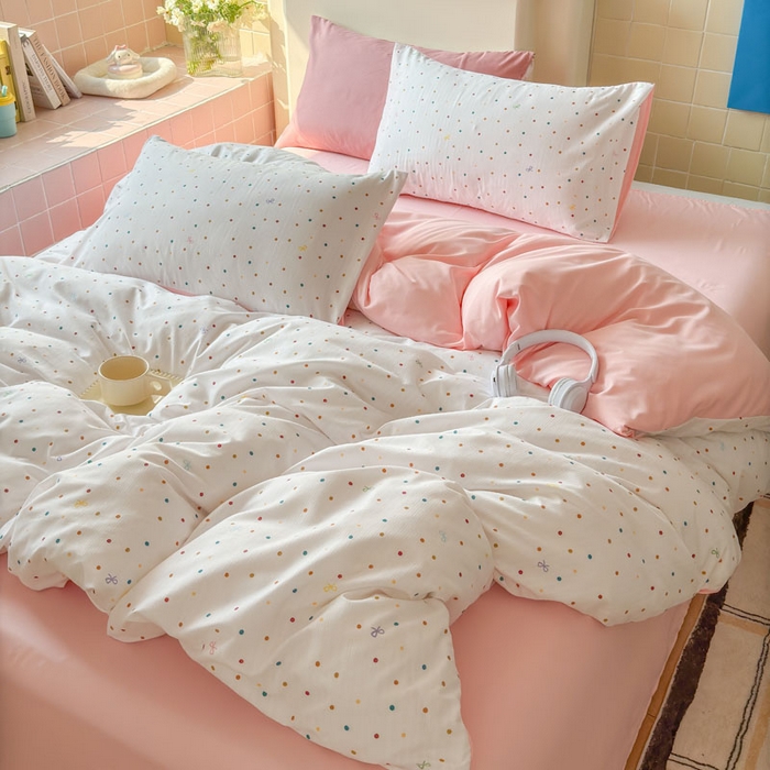 91家纺网 家纺一手货源 找家纺 可可家纺 2025新款亲肤有氧提花小竺棉四件套 彩色波点