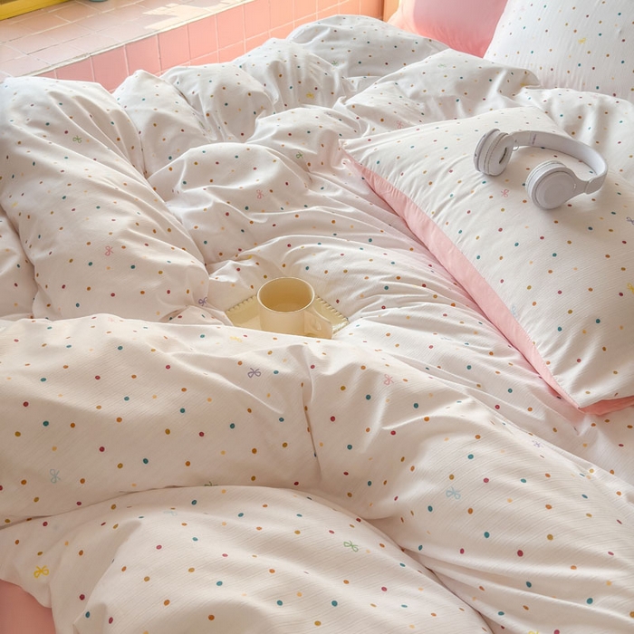 91家纺网 家纺一手货源 找家纺 可可家纺 2025新款亲肤有氧提花小竺棉四件套 彩色波点