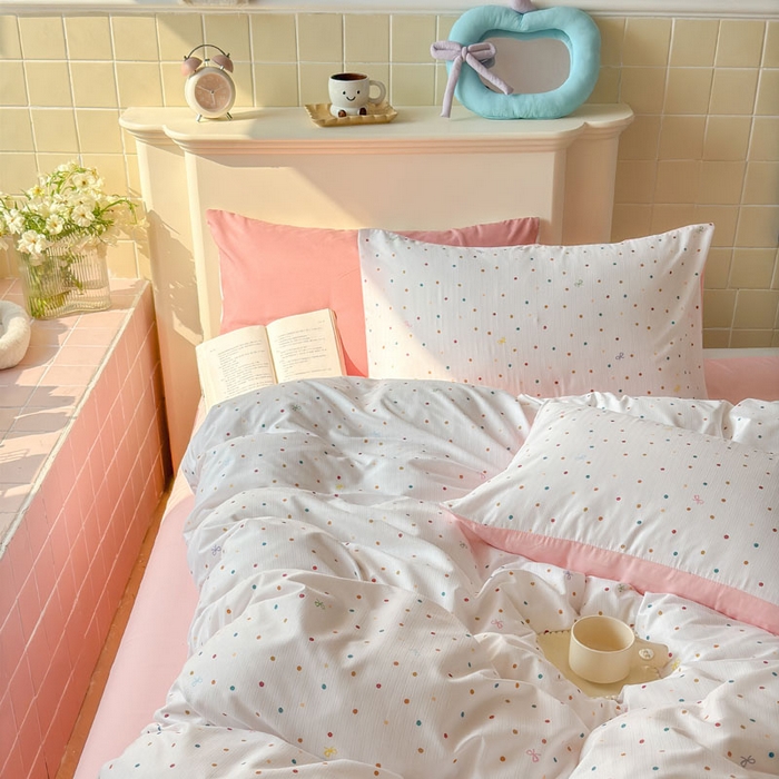 91家纺网 家纺一手货源 找家纺 可可家纺 2025新款亲肤有氧提花小竺棉四件套 彩色波点