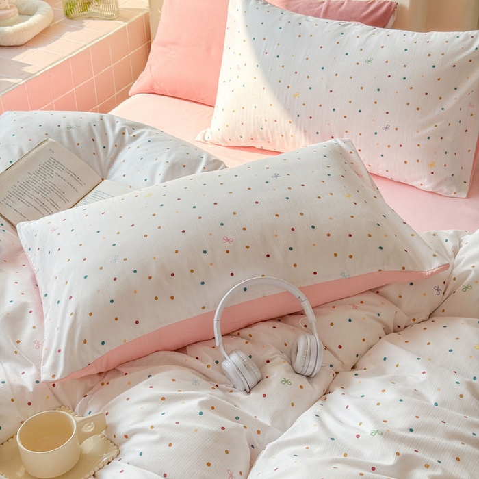 91家纺网 家纺一手货源 找家纺 可可家纺 2025新款亲肤有氧提花小竺棉四件套 彩色波点