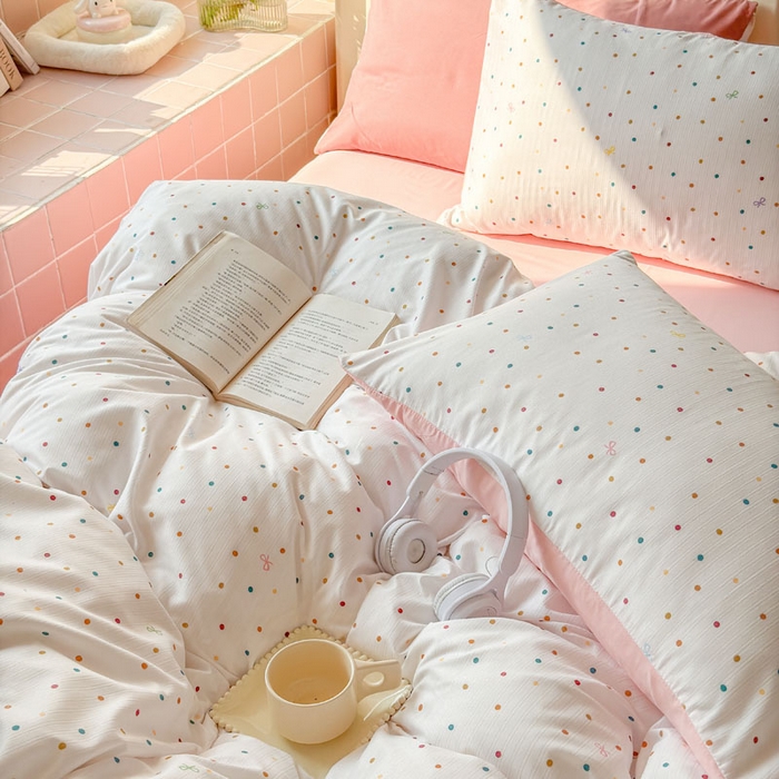 91家纺网 家纺一手货源 找家纺 可可家纺 2025新款亲肤有氧提花小竺棉四件套 彩色波点