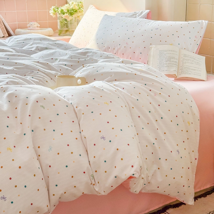 91家纺网 家纺一手货源 找家纺 可可家纺 2025新款亲肤有氧提花小竺棉四件套 彩色波点