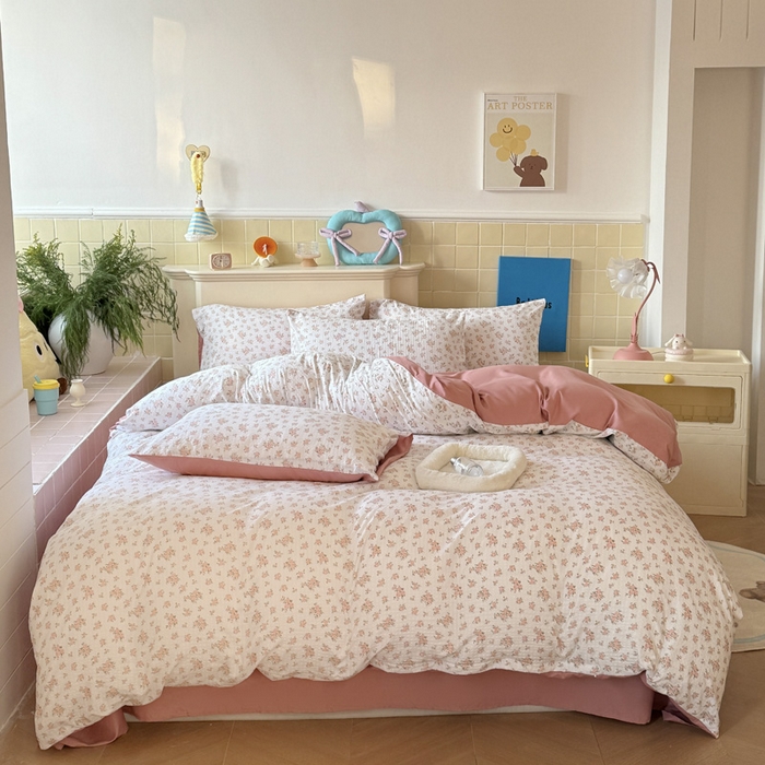 91家纺网 家纺一手货源 找家纺 可可家纺 2025新款亲肤有氧提花小竺棉四件套 粉佳人