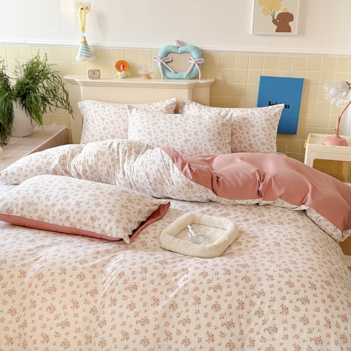 91家纺网 家纺一手货源 找家纺 可可家纺 2025新款亲肤有氧提花小竺棉四件套 粉佳人