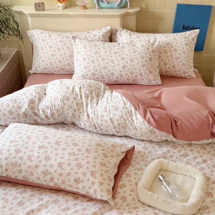 91家纺网 家纺一手货源 找家纺 可可家纺 2025新款亲肤有氧提花小竺棉四件套 粉佳人