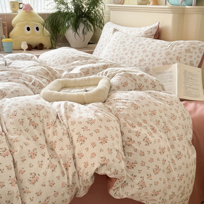 91家纺网 家纺一手货源 找家纺 可可家纺 2025新款亲肤有氧提花小竺棉四件套 粉佳人