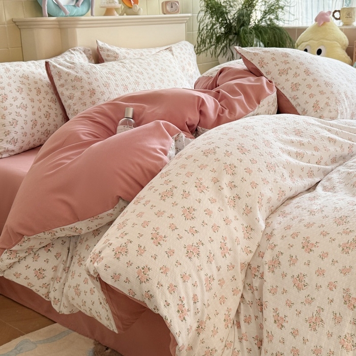 91家纺网 家纺一手货源 找家纺 可可家纺 2025新款亲肤有氧提花小竺棉四件套 粉佳人