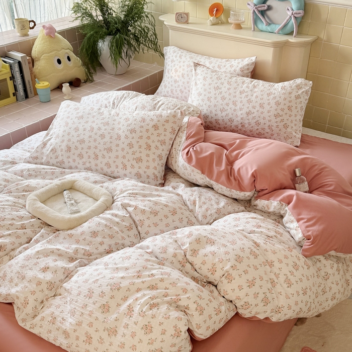 91家纺网 家纺一手货源 找家纺 可可家纺 2025新款亲肤有氧提花小竺棉四件套 粉佳人