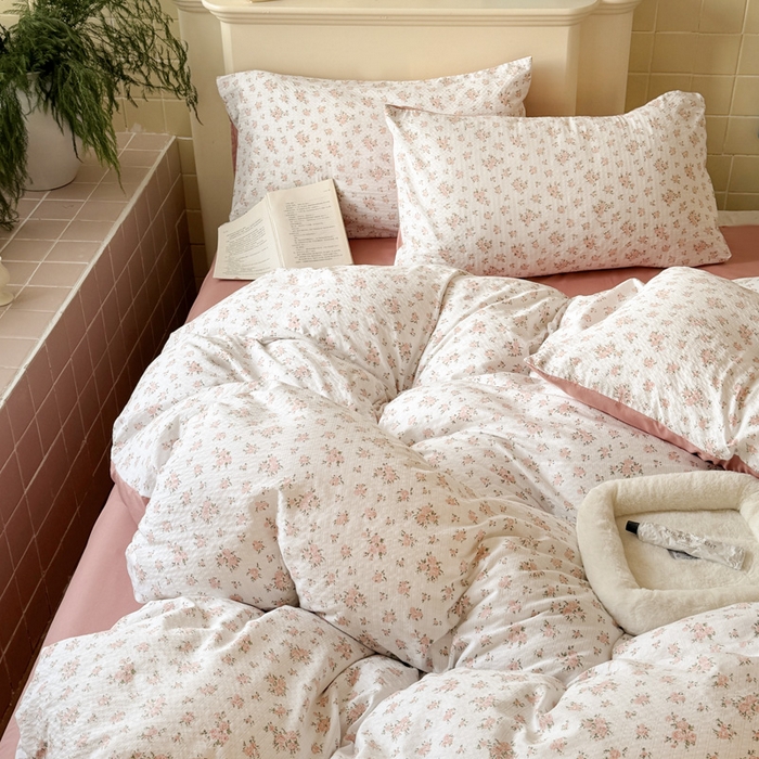 91家纺网 家纺一手货源 找家纺 可可家纺 2025新款亲肤有氧提花小竺棉四件套 粉佳人