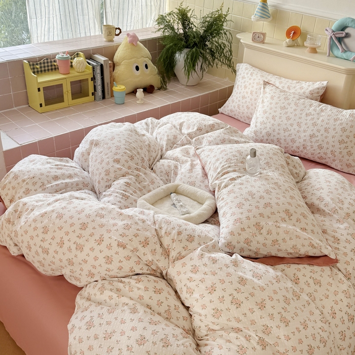 91家纺网 家纺一手货源 找家纺 可可家纺 2025新款亲肤有氧提花小竺棉四件套 粉佳人