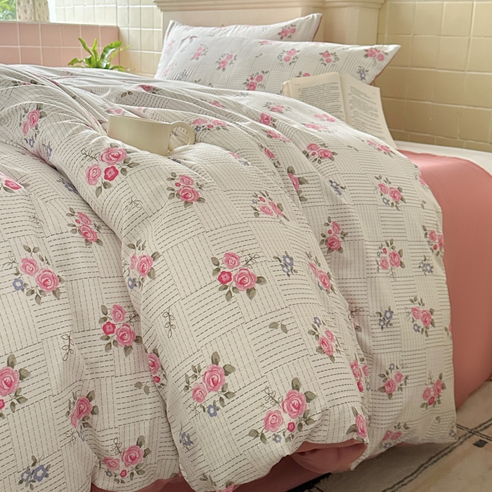 91家纺网 家纺一手货源 找家纺 可可家纺 2025新款亲肤有氧提花小竺棉四件套 玫瑰香韵