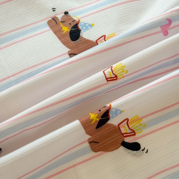 91家纺网 家纺一手货源 找家纺 可可家纺 2025新款亲肤有氧提花小竺棉四件套 条纹腊肠狗