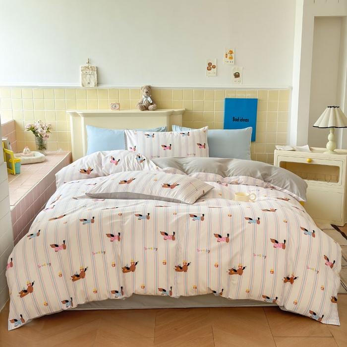 91家纺网 家纺一手货源 找家纺 可可家纺 2025新款亲肤有氧提花小竺棉四件套 条纹腊肠狗