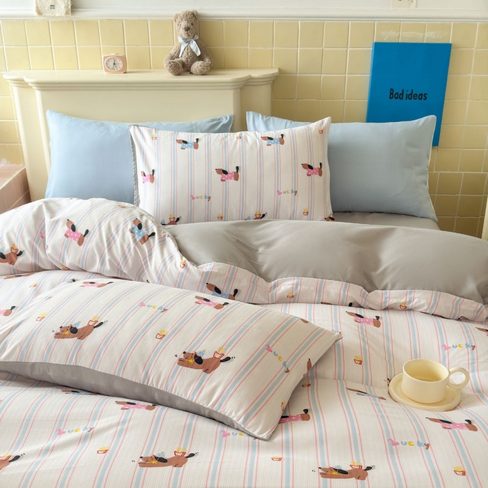 91家纺网 家纺一手货源 找家纺 可可家纺 2025新款亲肤有氧提花小竺棉四件套 条纹腊肠狗