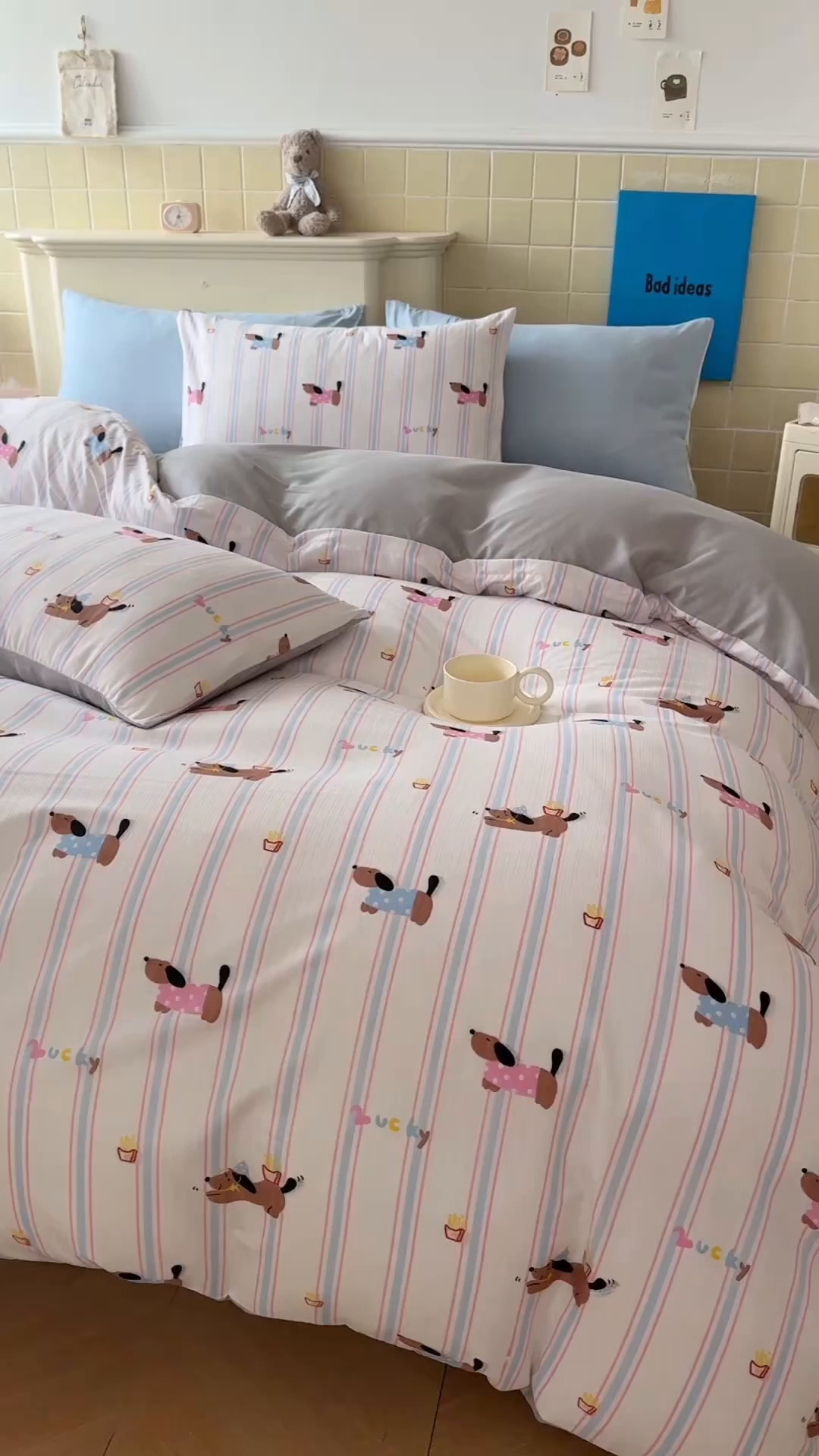 91家纺网 家纺一手货源 找家纺 可可家纺 2025新款亲肤有氧提花小竺棉四件套 条纹腊肠狗