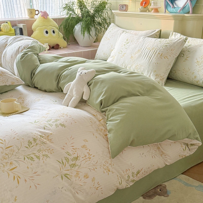 91家纺网 家纺一手货源 找家纺 可可家纺 2025新款亲肤有氧提花小竺棉四件套 仙草