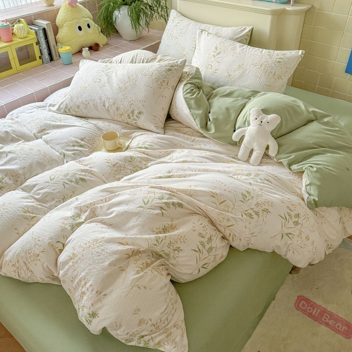 91家纺网 家纺一手货源 找家纺 可可家纺 2025新款亲肤有氧提花小竺棉四件套 仙草