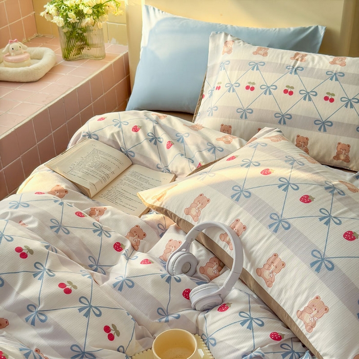 91家纺网 家纺一手货源 找家纺 可可家纺 2025新款亲肤有氧提花小竺棉四件套 熊熊乐园