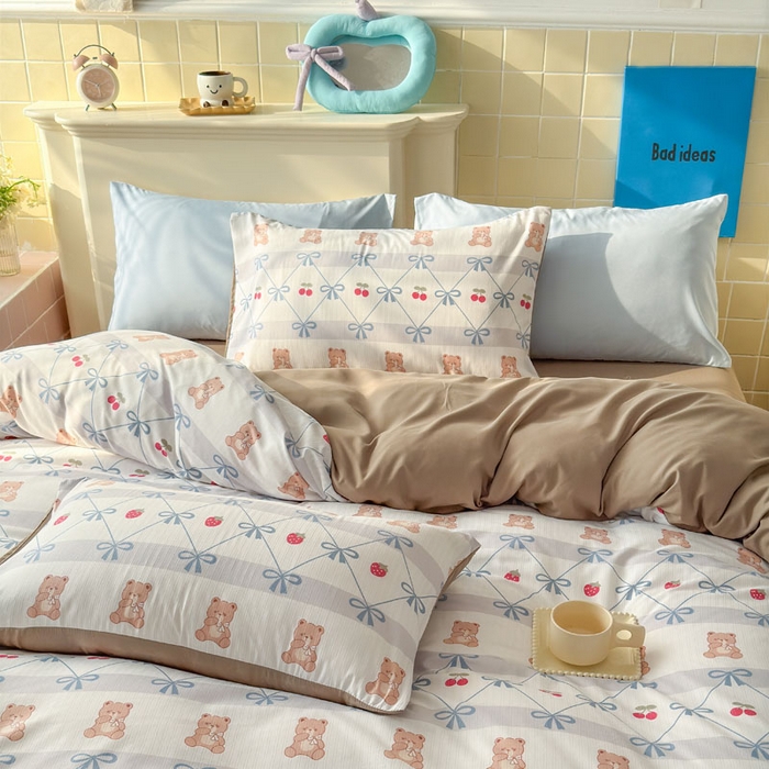 91家纺网 家纺一手货源 找家纺 可可家纺 2025新款亲肤有氧提花小竺棉四件套 熊熊乐园