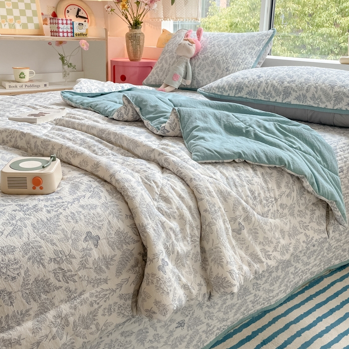 91家纺网 家纺一手货源 找家纺 云玲时尚 2025新款云感双层纱床盖夏被四件套 莫尼绿