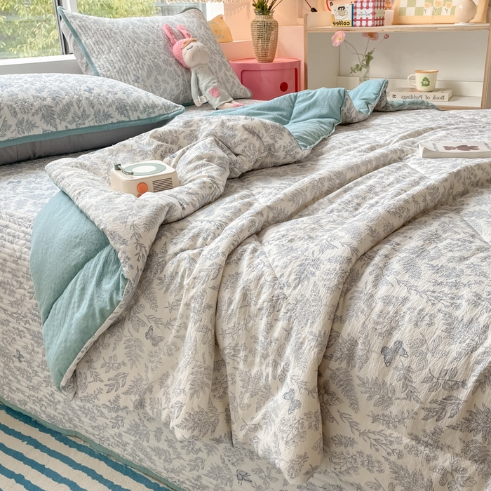 91家纺网 家纺一手货源 找家纺 云玲时尚 2025新款云感双层纱床盖夏被四件套 莫尼绿