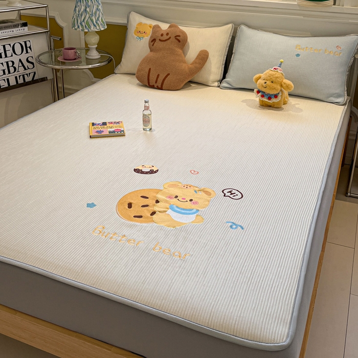 如一 2025春夏新款A类卡通刺绣PE中分子冰豆豆凉感软席凉席席子 床笠款-黄油小熊