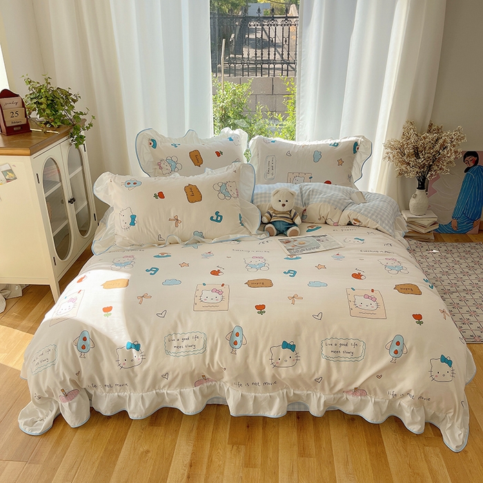 91家纺网 家纺一手货源 找家纺 桃心家居 2025新款A类云柔水洗棉花边四件套 水洗棉花边-蓝色猫咪日记