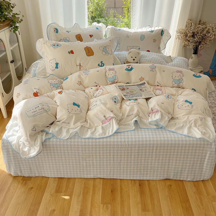 91家纺网 家纺一手货源 找家纺 桃心家居 2025新款A类云柔水洗棉花边四件套 水洗棉花边-蓝色猫咪日记