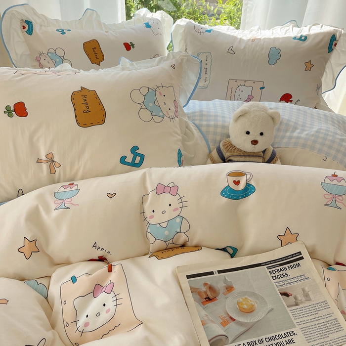 91家纺网 家纺一手货源 找家纺 桃心家居 2025新款A类云柔水洗棉花边四件套 水洗棉花边-蓝色猫咪日记