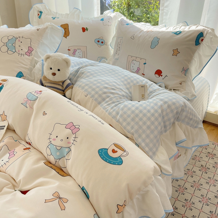 91家纺网 家纺一手货源 找家纺 桃心家居 2025新款A类云柔水洗棉花边四件套 水洗棉花边-蓝色猫咪日记