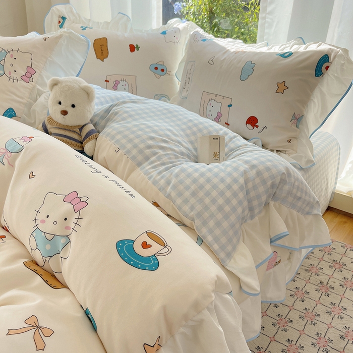 91家纺网 家纺一手货源 找家纺 桃心家居 2025新款A类云柔水洗棉花边四件套 水洗棉花边-蓝色猫咪日记