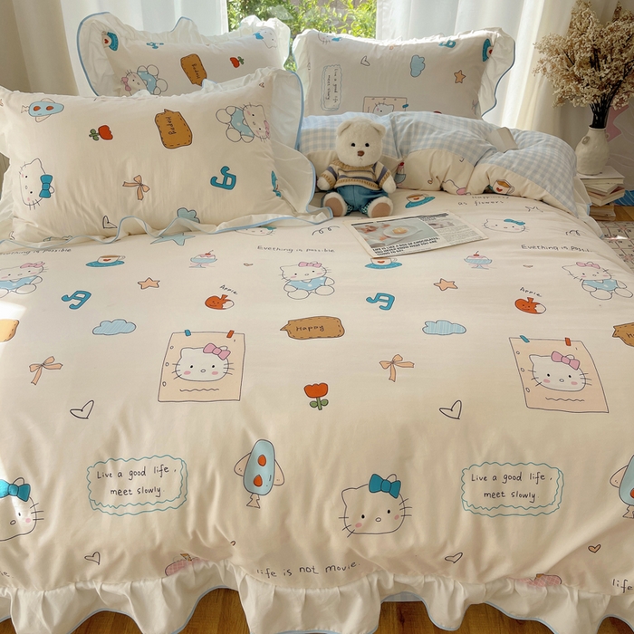 91家纺网 家纺一手货源 找家纺 桃心家居 2025新款A类云柔水洗棉花边四件套 水洗棉花边-蓝色猫咪日记