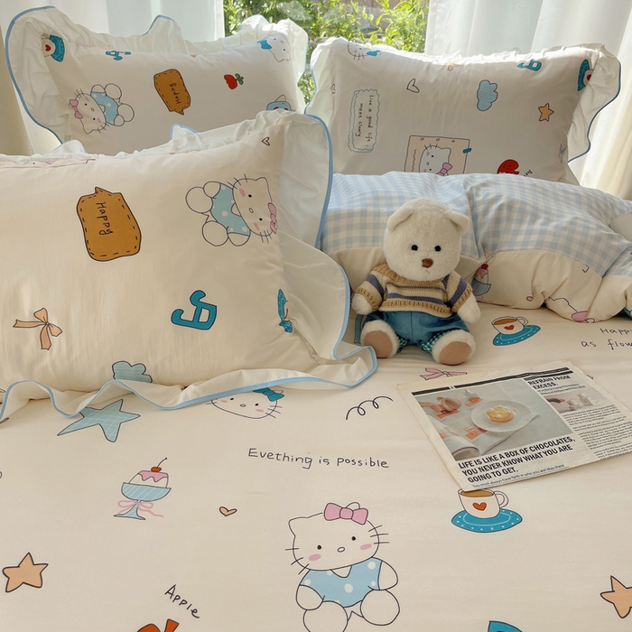 91家纺网 家纺一手货源 找家纺 桃心家居 2025新款A类云柔水洗棉花边四件套 水洗棉花边-蓝色猫咪日记