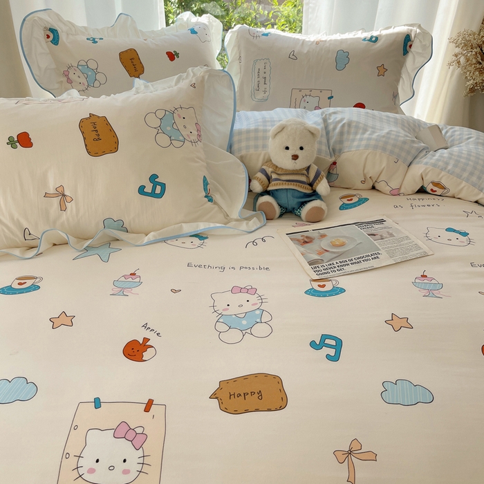 91家纺网 家纺一手货源 找家纺 桃心家居 2025新款A类云柔水洗棉花边四件套 水洗棉花边-蓝色猫咪日记