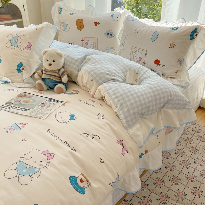 91家纺网 家纺一手货源 找家纺 桃心家居 2025新款A类云柔水洗棉花边四件套 水洗棉花边-蓝色猫咪日记