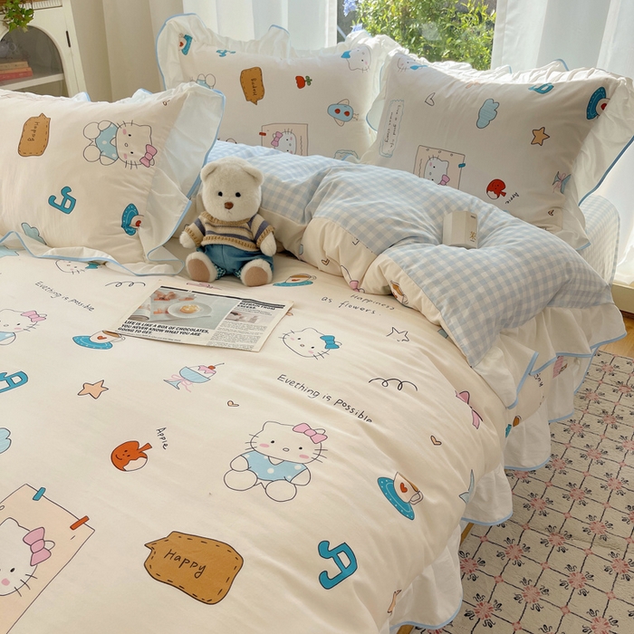 91家纺网 家纺一手货源 找家纺 桃心家居 2025新款A类云柔水洗棉花边四件套 水洗棉花边-蓝色猫咪日记