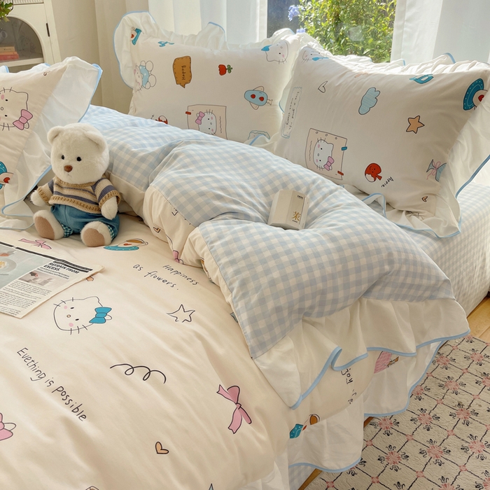 91家纺网 家纺一手货源 找家纺 桃心家居 2025新款A类云柔水洗棉花边四件套 水洗棉花边-蓝色猫咪日记