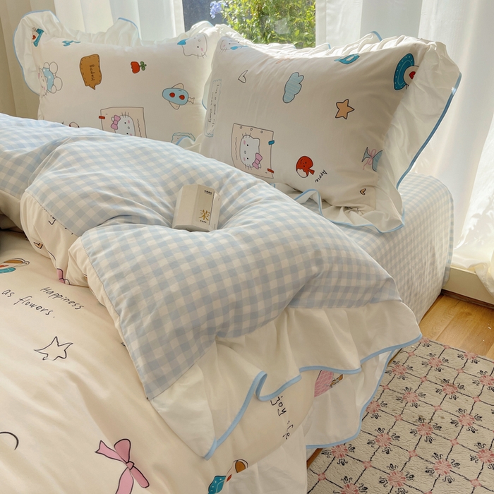 91家纺网 家纺一手货源 找家纺 桃心家居 2025新款A类云柔水洗棉花边四件套 水洗棉花边-蓝色猫咪日记