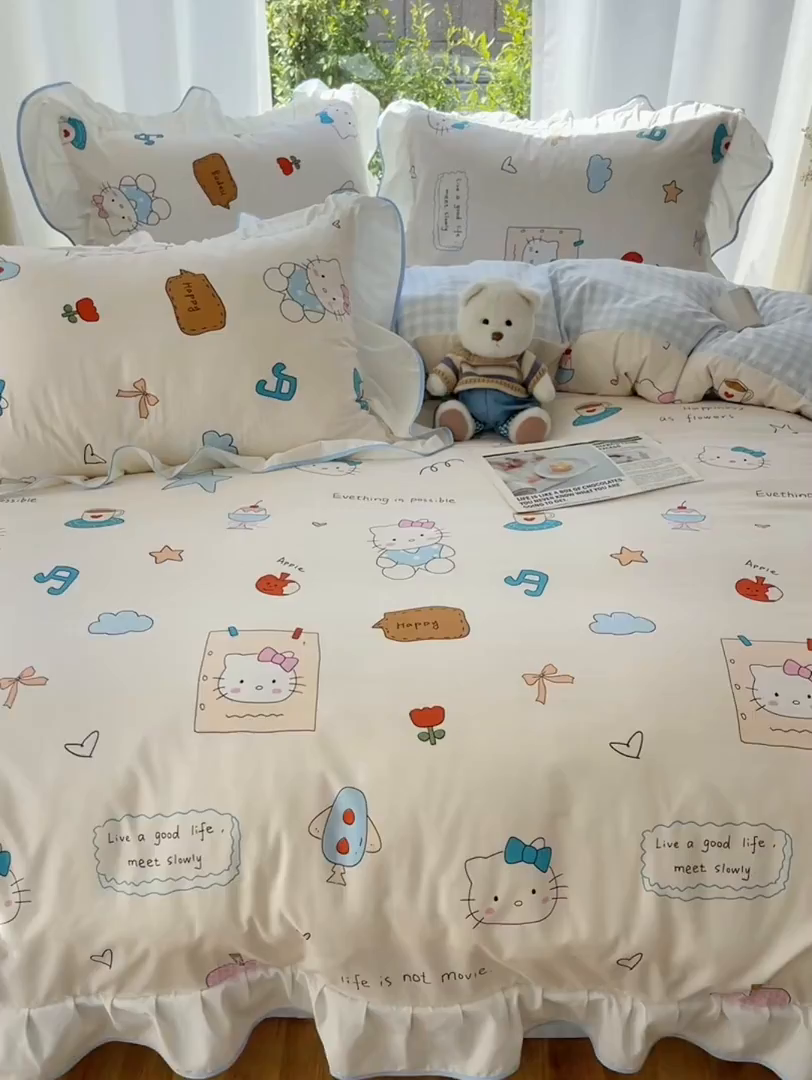 91家纺网 家纺一手货源 找家纺 桃心家居 2025新款A类云柔水洗棉花边四件套 水洗棉花边-蓝色猫咪日记