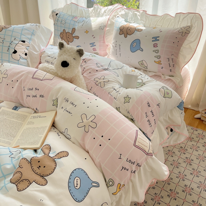 桃心家居 2025新款A类云柔水洗棉花边四件套 水洗棉花边-粉色卡哇伊