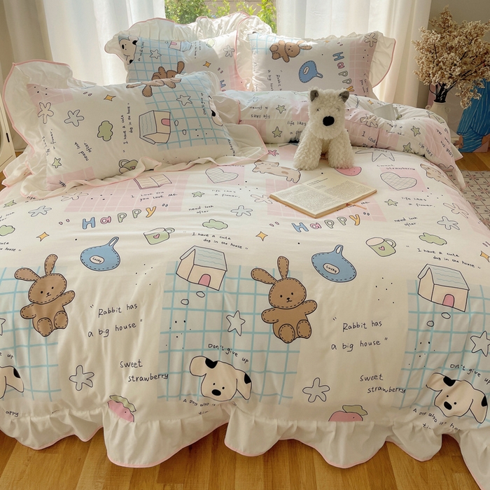 91家纺网 家纺一手货源 找家纺 桃心家居 2025新款A类云柔水洗棉花边四件套 水洗棉花边-粉色卡哇伊