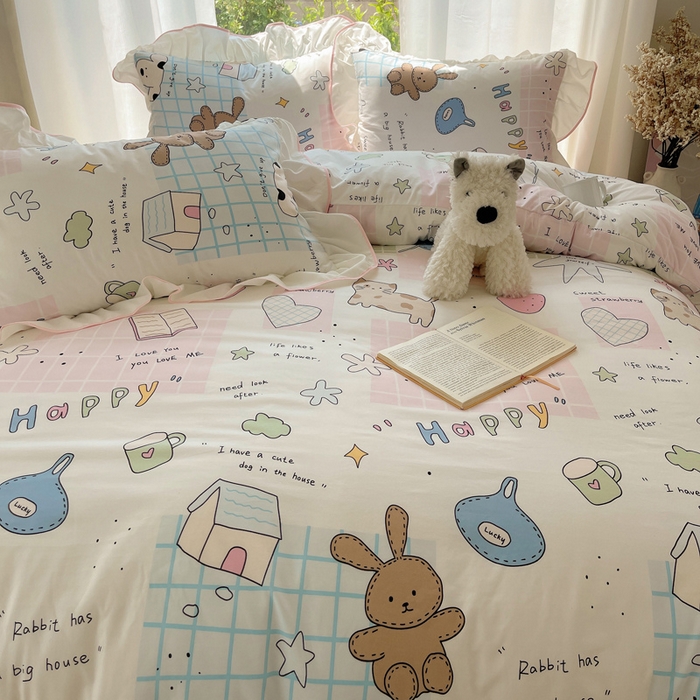 91家纺网 家纺一手货源 找家纺 桃心家居 2025新款A类云柔水洗棉花边四件套 水洗棉花边-粉色卡哇伊