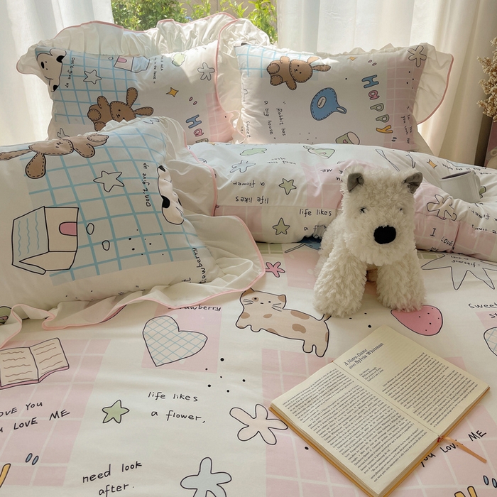 91家纺网 家纺一手货源 找家纺 桃心家居 2025新款A类云柔水洗棉花边四件套 水洗棉花边-粉色卡哇伊