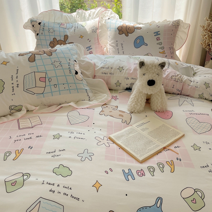 91家纺网 家纺一手货源 找家纺 桃心家居 2025新款A类云柔水洗棉花边四件套 水洗棉花边-粉色卡哇伊