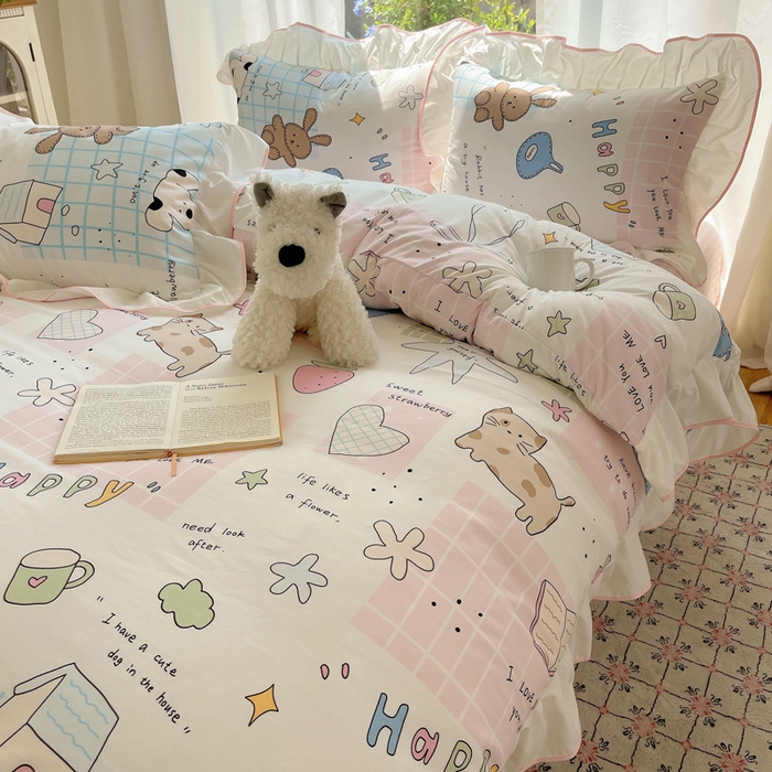 91家纺网 家纺一手货源 找家纺 桃心家居 2025新款A类云柔水洗棉花边四件套 水洗棉花边-粉色卡哇伊