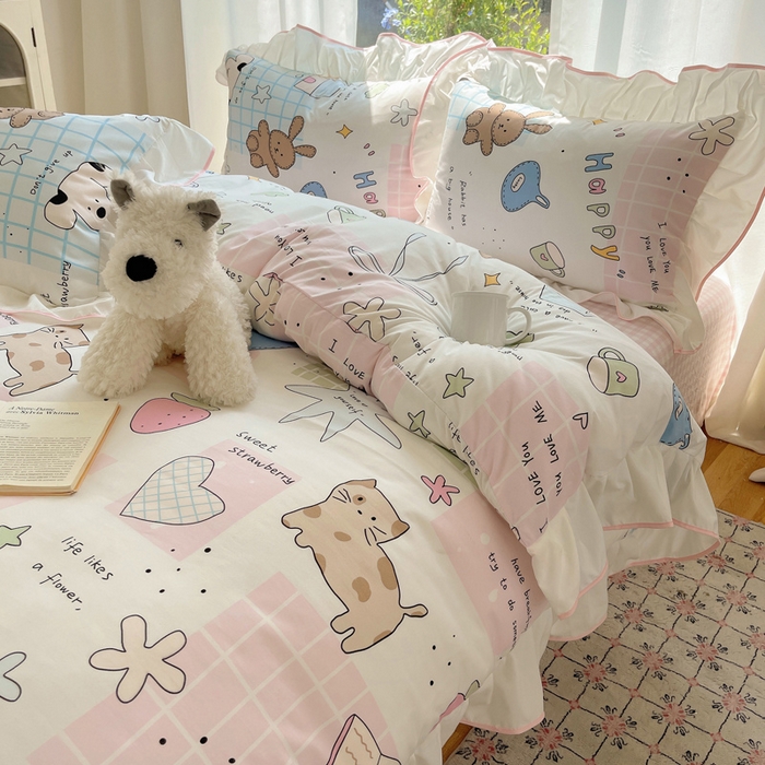 91家纺网 家纺一手货源 找家纺 桃心家居 2025新款A类云柔水洗棉花边四件套 水洗棉花边-粉色卡哇伊