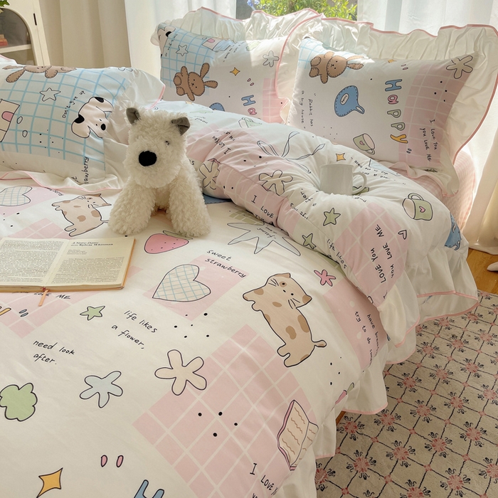 91家纺网 家纺一手货源 找家纺 桃心家居 2025新款A类云柔水洗棉花边四件套 水洗棉花边-粉色卡哇伊