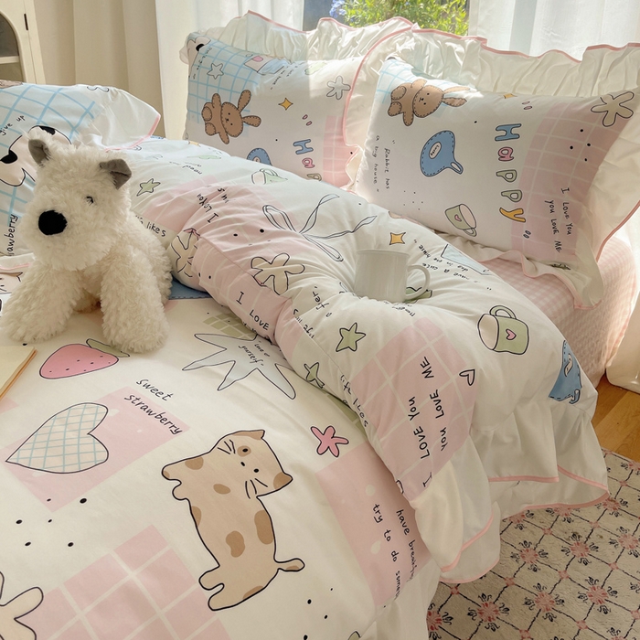 91家纺网 家纺一手货源 找家纺 桃心家居 2025新款A类云柔水洗棉花边四件套 水洗棉花边-粉色卡哇伊